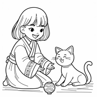 A Girl With A Cat Coloring Page