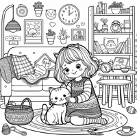 A Girl With A Cat In The Living Room Coloring Page