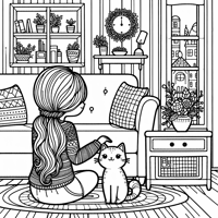 A Girl With A Cat In The Living Room Coloring Page