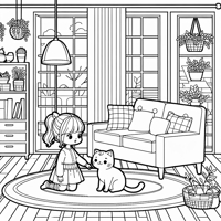 A Girl With A Cat In The Living Room Coloring Page