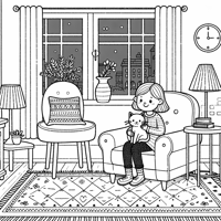 A Girl With A Cat In The Living Room Coloring Page