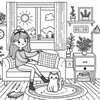 A Girl With A Cat In The Living Room Coloring Page