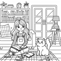 A Girl With A Cat In The Living Room Coloring Page
