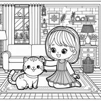 A Girl With A Cat In The Living Room Coloring Page