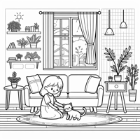 A Girl With A Cat In The Living Room Coloring Page