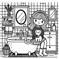 A Girl With A Cat In The Bathroom Coloring Page