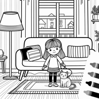 A Girl With A Cat In The Living Room Coloring Page