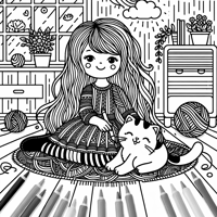 A Girl With A Cat Playing Coloring Page