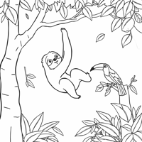 Sloth Swinging With Toucan Friends And Vibrant... Coloring Page