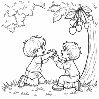 A Coloring Page With Children Picking And Eating... Coloring Page