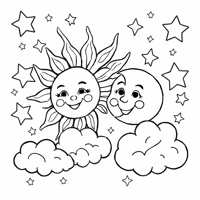 A Sun And Moon With Stars Coloring Page