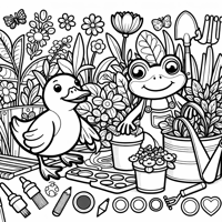 A Frog And Duck Gardening Coloring Page