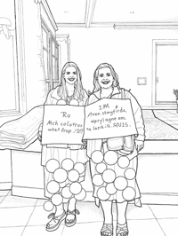 Two Women Standing Next To Each Other. Coloring Page