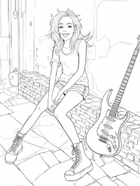 A Woman Is Sitting On A Brick Wall With A Guitar... Coloring Page
