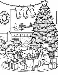 A Chibistyle Christmas Morning Scene With Children... Coloring Page