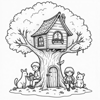 An Imaginative Treehouse Filled With Books Friends... Coloring Page