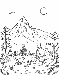 A Detailed Scene Of A Mountain Retreat Where Monks... Coloring Page