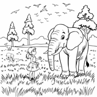 A Girl Plays With An Elephant Coloring Page
