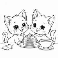 Kawaii Style Kittens Having A Tea Party At A Table... Coloring Page