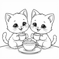 Kawaii Style Kittens Having A Tea Party At A Table... Coloring Page