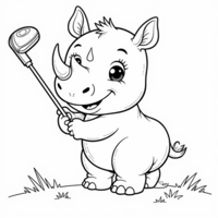 Kawaii Style Baby Rhinoceros Playing Golf Coloring Page
