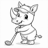 Kawaii Style Baby Rhinoceros Playing Golf Wearing... Coloring Page