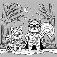 Two Squirrels Dressed As Superheroes In A Tree... Coloring Page