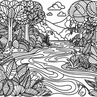 A Tranquil Jungle River Surrounded By Lush Green... Coloring Page