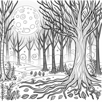 A Forest With Tall Bare Trees And A Glowing Full... Coloring Page
