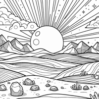 A Vast Desert With Rocky Terrain Distant Sand... Coloring Page