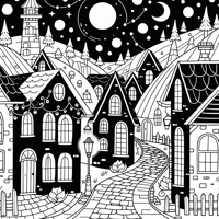 A Quaint Moonlit Town With Cobblestone Streets And... Coloring Page