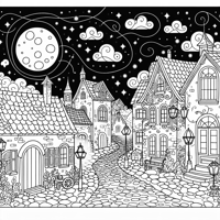 A Quaint Moonlit Town With Cobblestone Streets And... Coloring Page