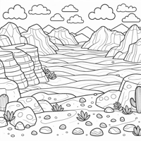 A Vast Desert With Rocky Terrain Distant Sand... Coloring Page