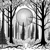 A Forest With Tall Bare Trees And A Glowing Full... Coloring Page