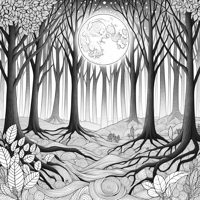 A Forest With Tall Bare Trees And A Glowing Full... Coloring Page