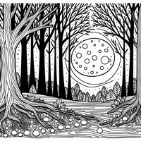 A Forest With Tall Bare Trees And A Glowing Full... Coloring Page