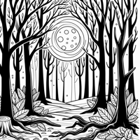 A Forest With Tall Bare Trees And A Glowing Full... Coloring Page