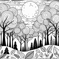 A Forest With Tall Bare Trees And A Glowing Full... Coloring Page
