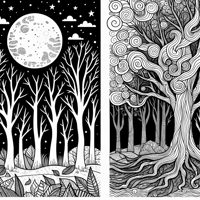A Forest With Tall Bare Trees And A Glowing Full... Coloring Page