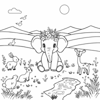 A Cartoonish Elephant Wearing A Crown Of Flowers... Coloring Page