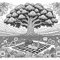 Field With Flowers And A Big Oak Tree With Picnic... Coloring Page