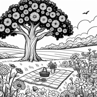 Field With Flowers And A Big Oak Tree With Picnic... Coloring Page