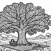 Field With A Big Oak Tree With Picnic Blanket... Coloring Page