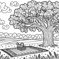 Field With A Big Oak Tree With Picnic Blanket... Coloring Page