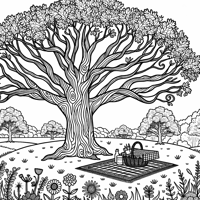 Field With A Big Oak Tree With Picnic Blanket... Coloring Page