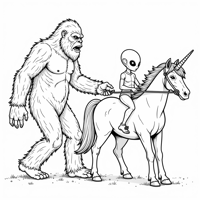 Silhouette Of A Sasquatch Leading A Unicorn With A... Coloring Page