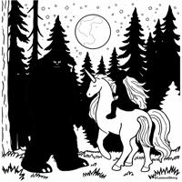 Sasquatch In Front Of A Unicorn There Is An Alien... Coloring Page