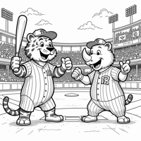 A Vibrant Scene Featuring A Cartoon Tiger A Rhino... Coloring Page