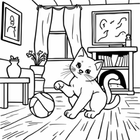 A Cat Playing With A Ball In The House Coloring Page