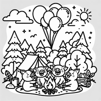 A Group Of Pigs Camping With Birthday Balloons Coloring Page